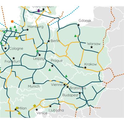 Mapa z Baltic Pipe przystosowanym do transportu wodoru. Źródło: European Hydrogen Backbone